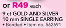 9Ct Gold And Silver 10mm Single Earring(Bonded)-Each