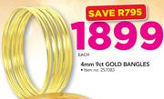 JCSA 4mm 9ct Gold Bangles-Each