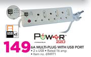 Power 220 6A Multi-Plug With USB Port