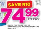 Clover Full Cream, Low Fat Or Fat Free Ultra Pasturised Long Life Milk-6 x 1Ltr