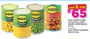 Koo Sweatcorn 410g/415g Or Koo Mixed vegetables 410g Or Koo Fresh Garden Peas 410g-For Any 6