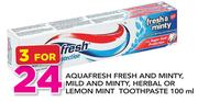 Aquashfresh Fresh And Minty, Mild And Minty, Herbal Or Lemon Mint Toothpaste-3x100ml
