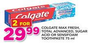 Colgate Max Fresh, Total Advanced, Sugar Acid Or Sensifoam Toothpaste-2x75ml