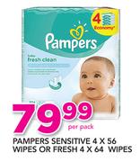 Pampers Sensitive 4x56 Wipes Or Fresh 4x64 Wipes-Per Pack