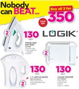Logik Steam & Dry Iron + Logik 1.7Ltr Kettle White + Logik 2 Slice Toaster 