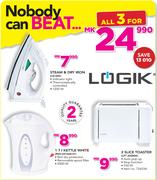 Logik Steam And Dry Iron LSI-005 + Logik 1.7Ltr Kettle White + Logik 2 Slice Toaster