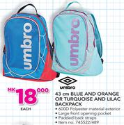 Umbro 43cm Blue & Orange Or Turquoise And Lilac Backpack-Each