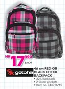 Gotcha 46cm Red Or Black Check Backpack-Each