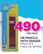 HB Pencils With Earser Pack Of 4-Per Pack