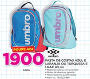 Umbro pasta de costas azul e Laranja e turquesa e Lilac 43m cada