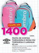 Umbro pasta de costas turquesa e rosa ou turquesa e Laranja 43cm cada
