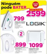Logik ferro de engomar a vapor e a seco + Logik chaleira branca 1.7Ltr + Logik torradeira para 2 fat