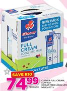Clover Full Cream, Low Fat Or Fat Free Long Life Milk-6 x 1Ltr