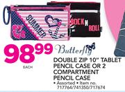 Butterfly Double Zip 10" Tablet Pencil Case Or 2 Compartment Pencil Case Assorted-Each