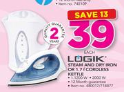Logik Steam And Dry Iron Or 1.7Ltr Cordless Kettle-Each