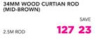 Decorland 34mm Wood Curtain Rod(Mid Brown)-2.5m