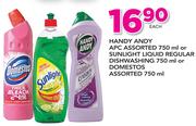 Handy Andy APC 750ml/Sunlight Liquid Regular Dishwashing 750ml Or Domestos Assorted 750ml-Each
