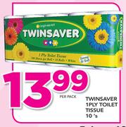 Twinsaver 1 Ply Toilet Tissue 10's-Per Pack