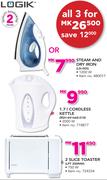 Logik Steam And Dry Iron LSI-005+1.7Ltr Cordless Kettle RSH-441668-018+2 Slice Toaster LPT200NW