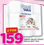 Great Value Toilet Rolls 2 Ply-2x18's