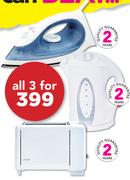 Logik Steam & Dry Iron LSI-005+ 1.7Ltr Cordless Kettle RSH-441668-018+ 2 Slice Toaster LPT200NW