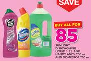 Sunlight Dishwashing Liquid 1.5Ltr And Handy Andy 750ml And Domestos 750ml