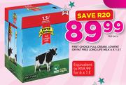 First Choice Full Cream, Low Fat or Fat Free Long Life Milk-6 x 1.5Ltr Per Pack