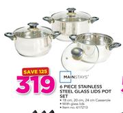 Mainstays 6 Piece Stainless Steel Glass Lids Pot Set