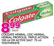 Colgate Herbal, CDC Herbal, Herbal Propolis, Triple Action 100ml Or Active Salt 75ml Toothpaste-Each