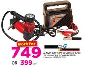 MotoQuip 6Amp Battery Charger And 26Ltr Mini Air Compressor