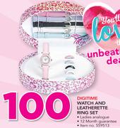 Digitime Watch & Leatherette Ring Set