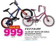 ToTem 16" Or 20" Boys Or Girls Mountain Bike-Each