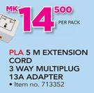 PLA 5m Extension Cord 3 Way Multiplug 13A Adapter-Per Pack