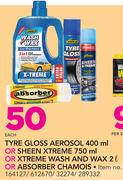 Shield Tyre Gloss Aerosol 400ml,Sheen Xtreme 750ml,Xtreme Wash And Wax 2Ltr Or Absorber Chamois-Each