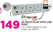 Power 220 6A Multi-Plug With USB Port