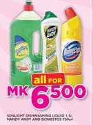 Sunlight Dishwashing Liquid-1.5Ltr, Handy Andy & Domestos-750ml-All For