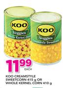 Koo Creamstyle Sweetcorn 415g Or Whole Kenel Corn 410g-Each