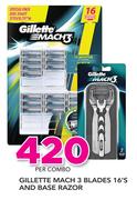 Gillette Mach 3 Blades 16's And Base Razor-Per Combo