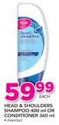 Head & Shoulders Shampoo 400ml Or Conditioner Assorted 360ml-Each