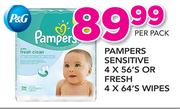Pampers Sensitive-4 x 56's Or Fresh Wipes-4 x 64's Per Pack