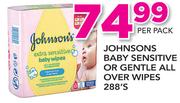 Johnsons Baby Sensitive Or Gentle All Over Wipes-288's Per Pack