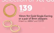 JCSA 10mm 9ct Gold Single Earring Or A Pair Of 8mm Sleepers-Each