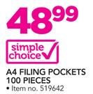 Simple Choice A4 Filing Pockets 100 Pieces