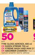 Shield Tyre Gloss Aerosol-400ml & Sheen Xtreme-750ml & Xtreme Wash & Wax-2Ltr & Absorber Chamois-Eac