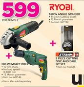 Ryobi 650W Angle Grinder + 500W Impact Drill + Stramm 8 Piece Cutting Disc & Drill Bit Set-Per Bundl