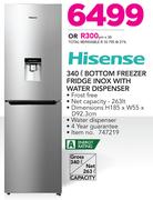Hisense 340Ltr Bottom Freezer Fridge Inox With Water Dispenser