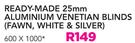 Decorland Ready-Made 25mm Aluminium Venetian Blinds(Fawn, White & Silver) 600x1000mm