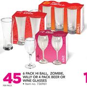 6 Pack Hi Ball, Zombie, Willy Or 4 Pack Beer Or Wine Glasses-Per Set