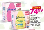 Johnsons Gentle All Over Or Sensitive Baby Wipes 4 Pack-288's Per Pack