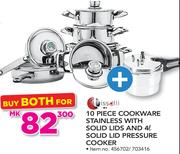 Tissolli 10 Piece Cookware Stainless With Solid Lids And 4Ltr Solid Lid Pressure Cooker-For Both